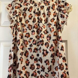 THML Printed Top with Ruffle Sleeves in Cream, Brown, and Pink